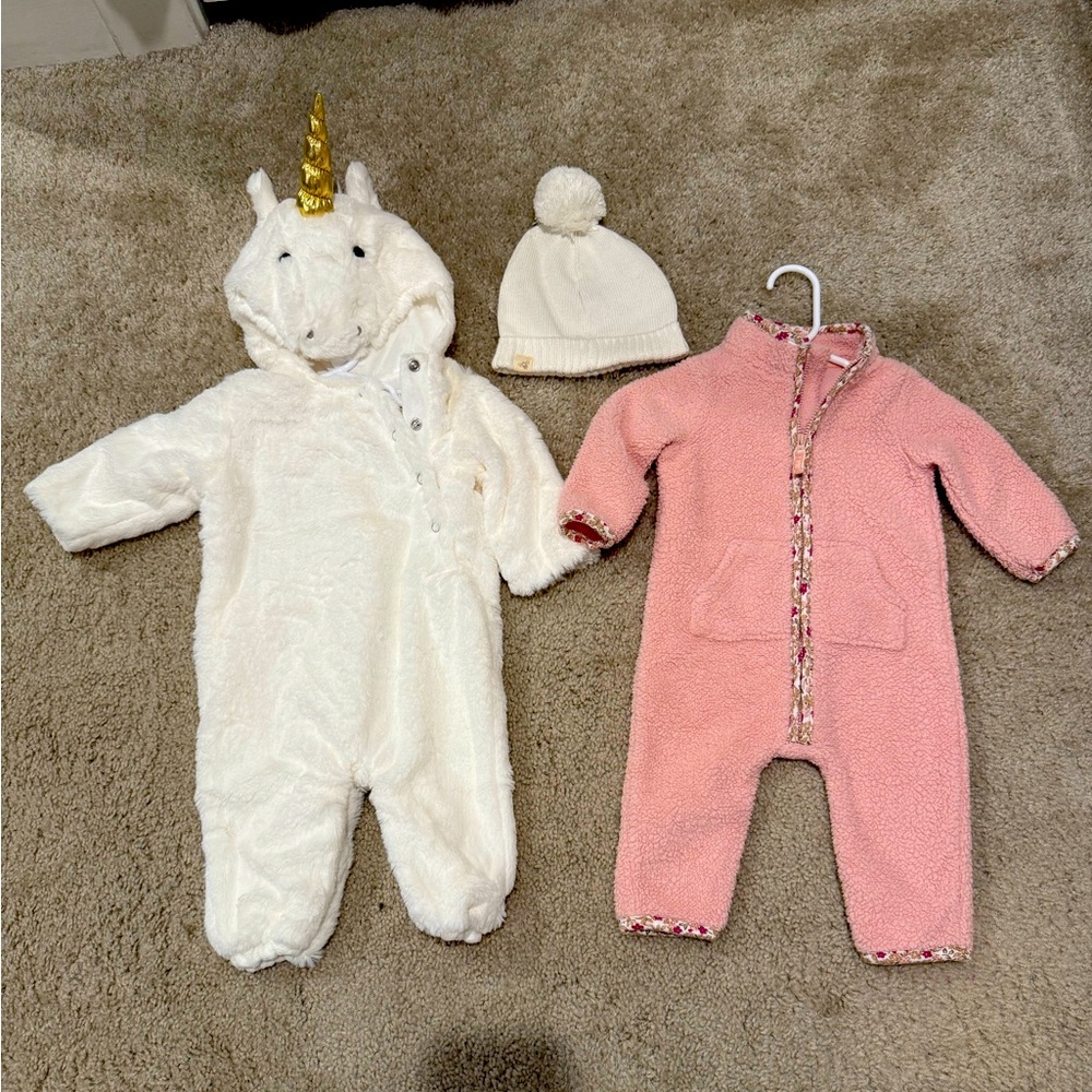 Pottery Barn Kids Baby Girl Unicorn Costume 0-6 Months & Carters Sherpa Outfit